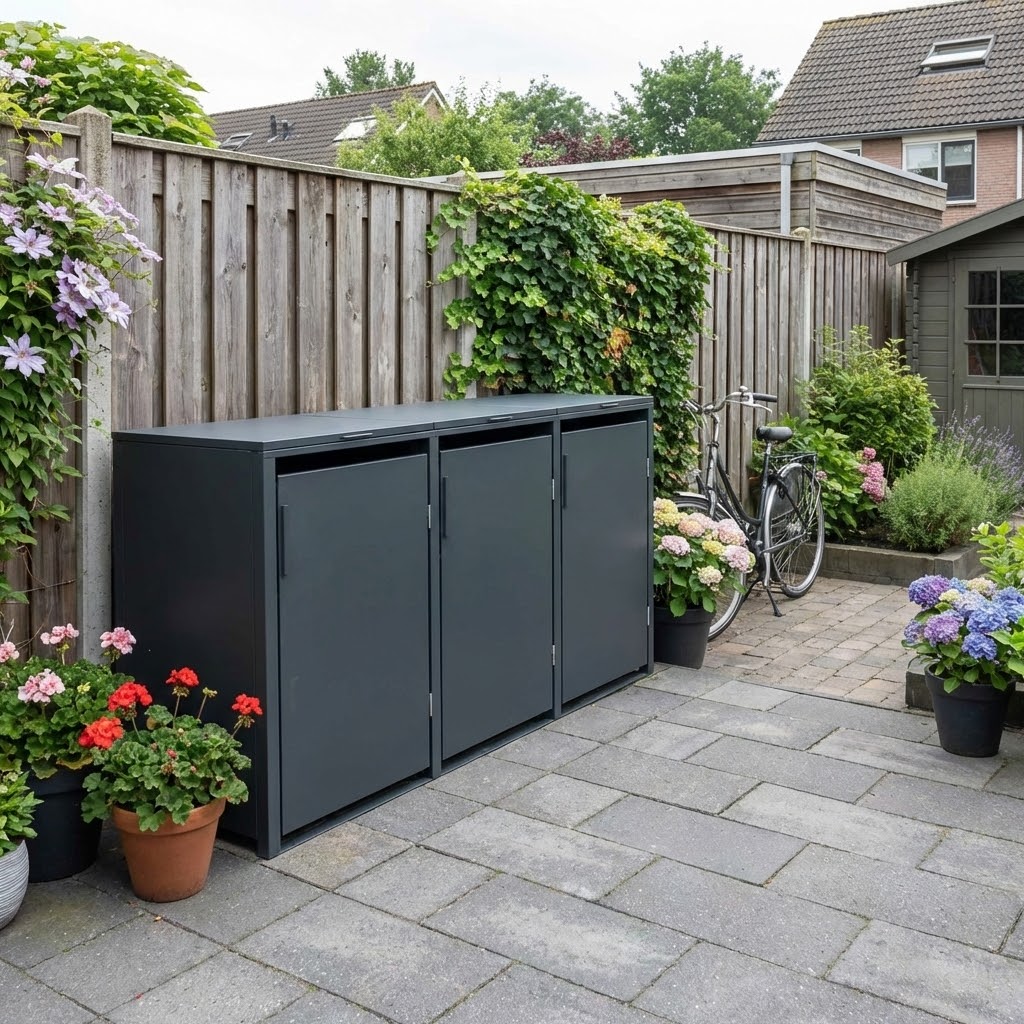 Kliko ombouw antraciet met 3 vakken in een Nederlandse tuin